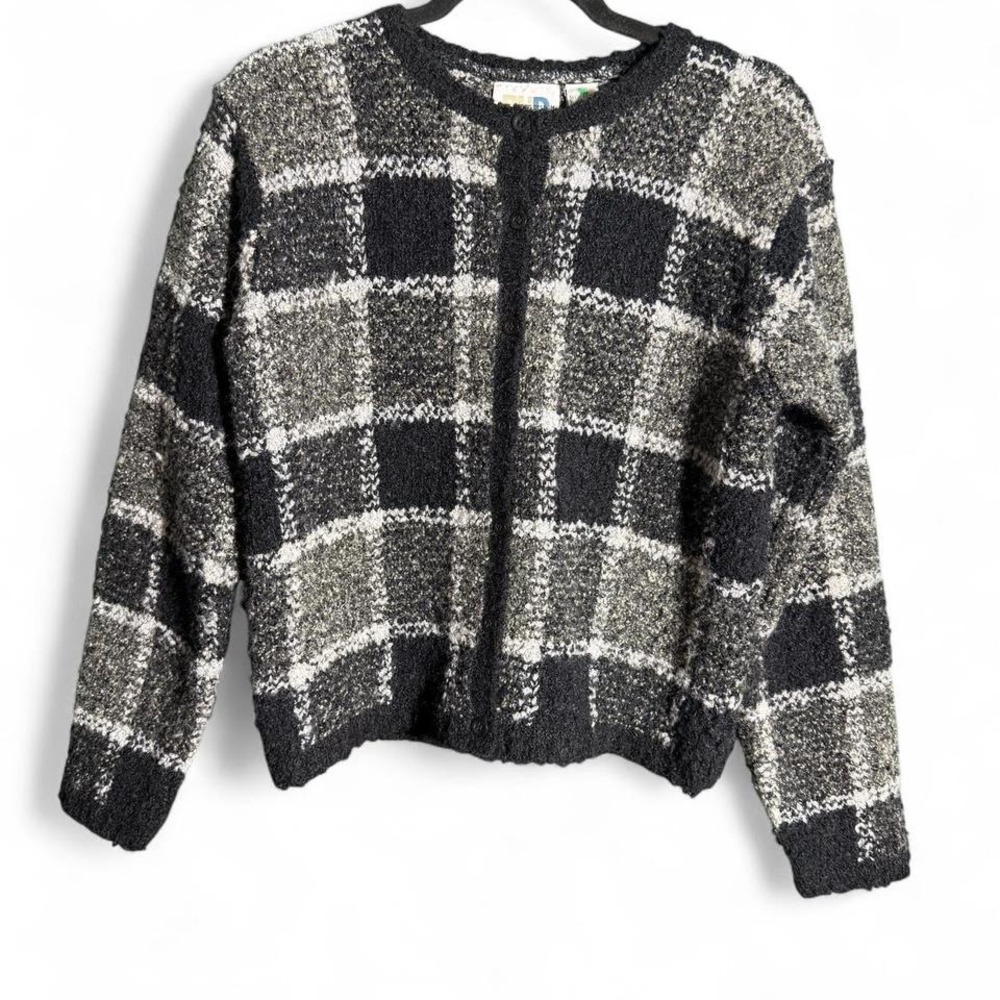 Vintage Paul Harris Design grey and black plaid button up cardigan size M